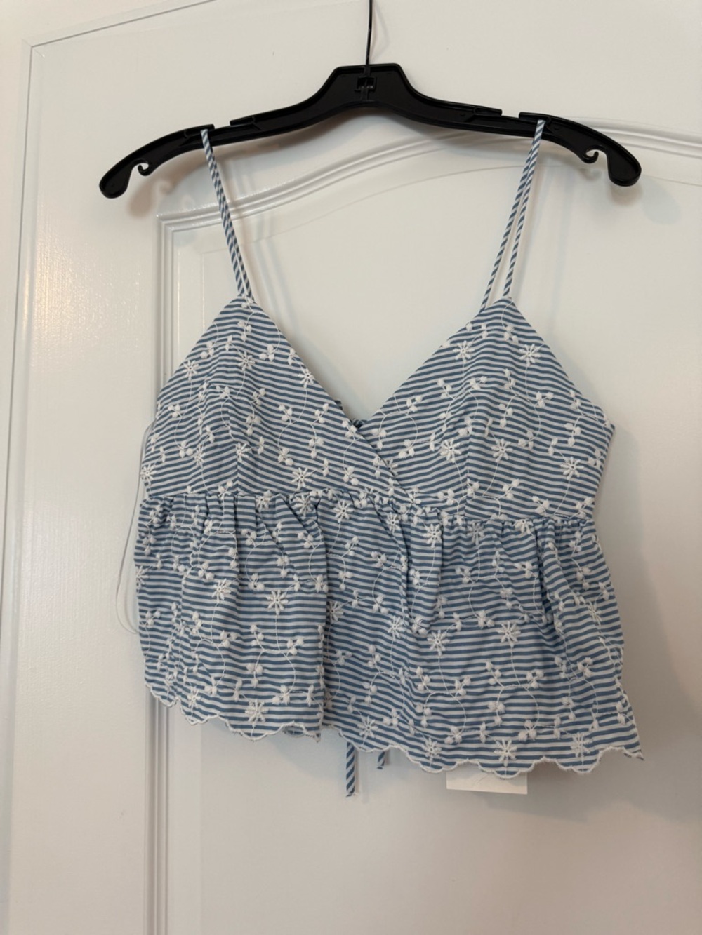 Zara Blue and White Striped Embroidered Spaghetti Strap Camisole